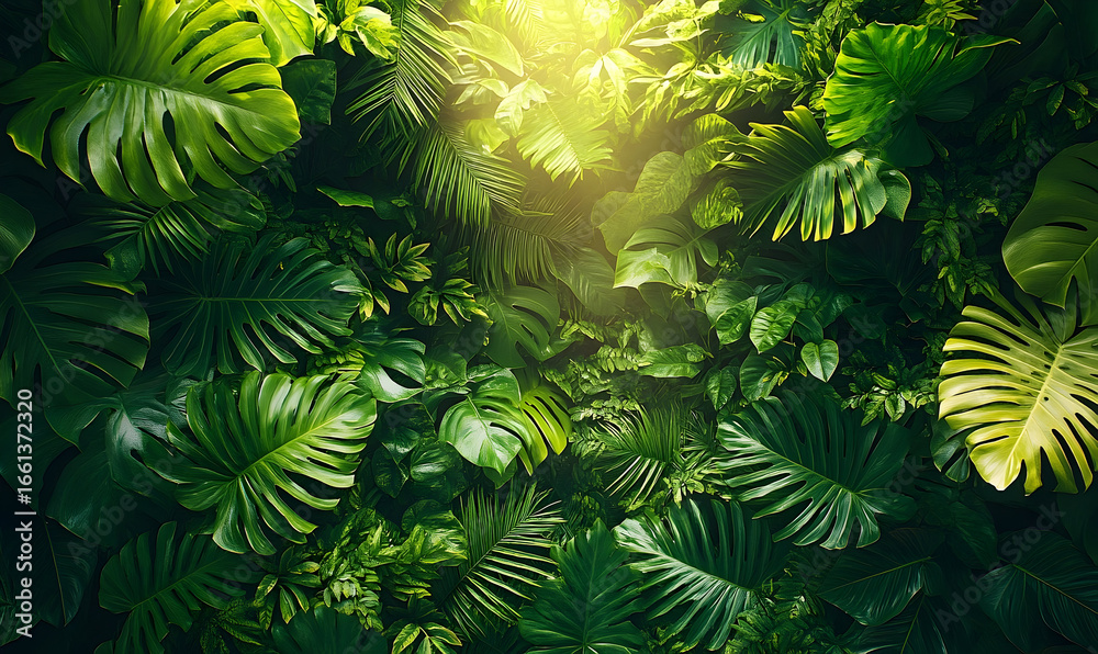 Fototapeta premium Lush Greenery: Sunlight Illuminates Tropical Leaves in Dense Fol