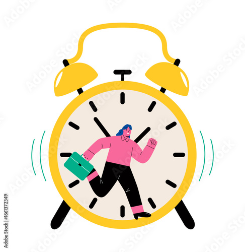 Business woman runs in wheel, deadline and stressful task, time. Management concept. Flat vector illustration isolated on white background