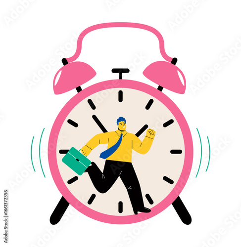 Business man runs in wheel, deadline and stressful task, time. Management concept. Flat vector illustration isolated on white background