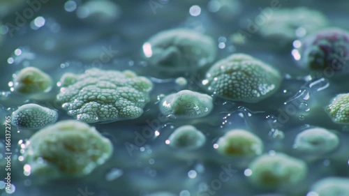 Close-up view of diverse microbial colonies growing in a viscous culture medium, showcasing various textures and colors in a scientific laboratory setting.