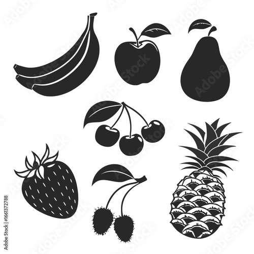 Collection of black fruit silhouettes including bananas apple pear cherries strawberry and pineapple