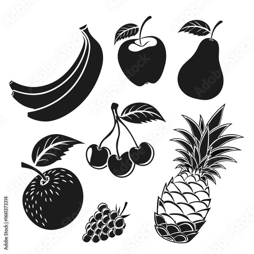 Black silhouette fruit collection featuring bananas apples pears cherries grapes and pineapple cherry