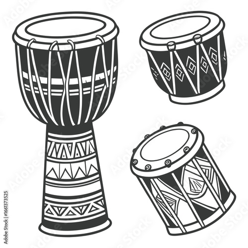 Three African Djembe Drums with Geometric Patterns in Black and White Vector Style african drum tribal drum