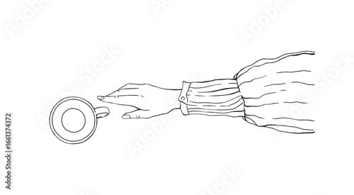 Hand holding a cup of coffee. Hand drawn sketch illustration.