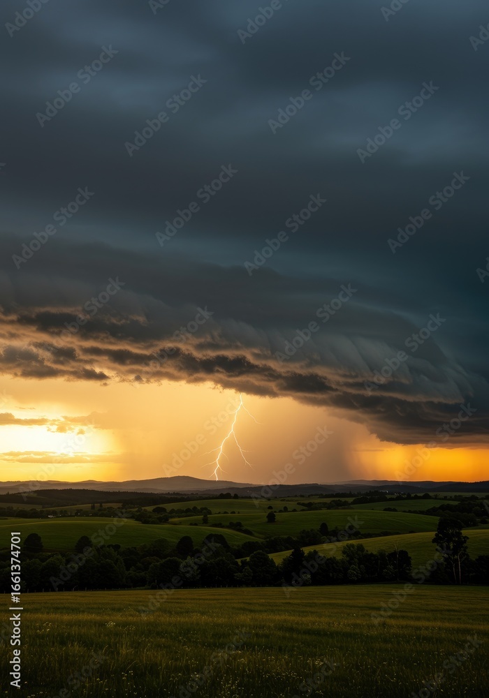 Fototapeta premium Dramatic storm over a rural landscape. Lightning illuminates a colorful sunset through ominous clouds