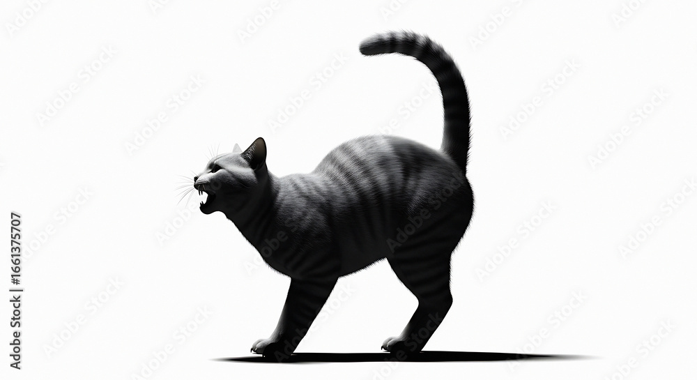 Obraz premium Silhouette of a tabby cat arching its back with its tail raised and mouth open in a clear profile view against a white backdrop