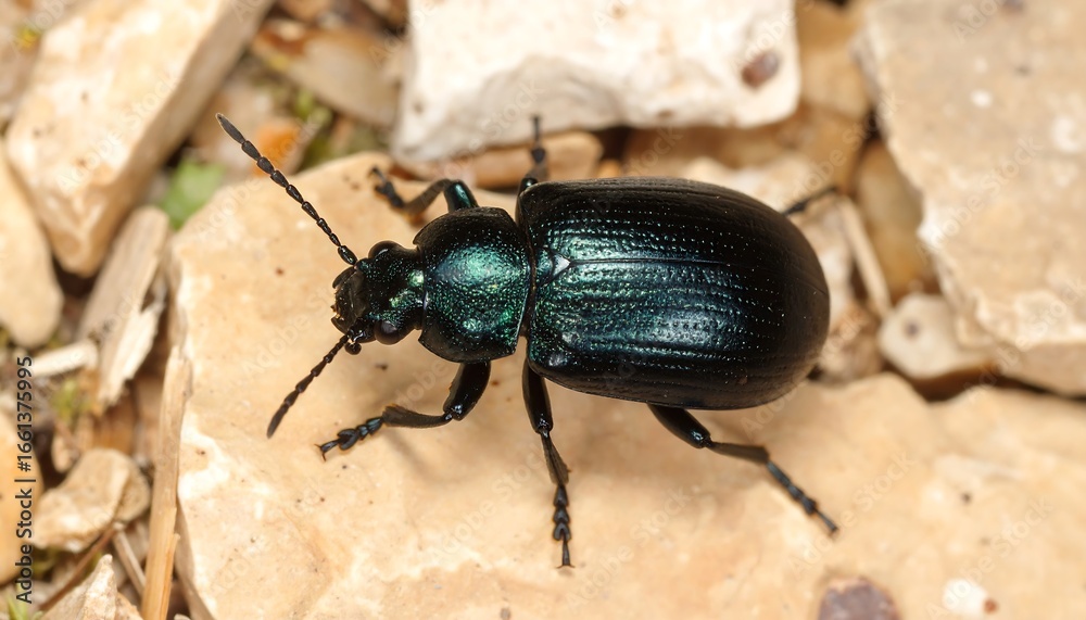 Naklejka premium Dark green beetle on rocks