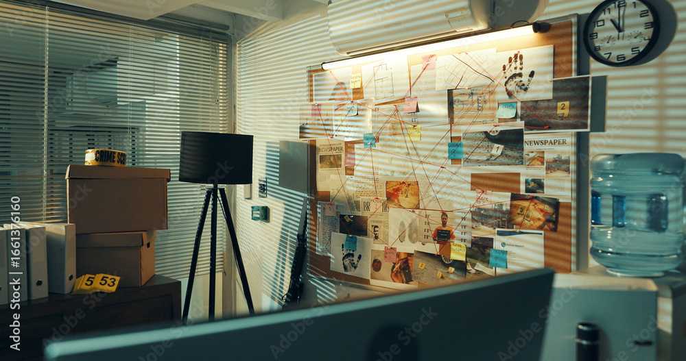 Ταπετσαρία Office, board and crime evidence with investigation mind map, police workplace and murder proof