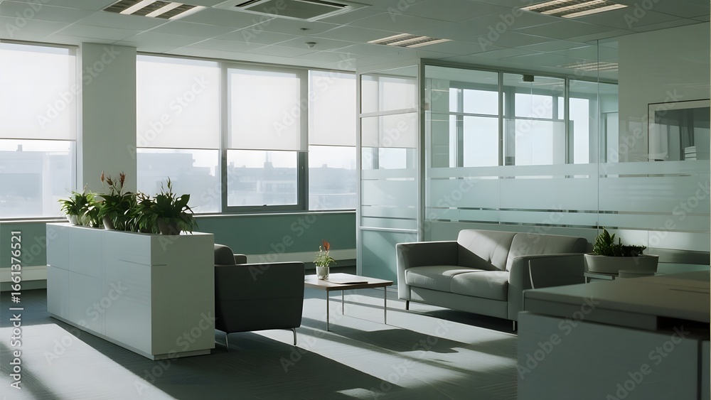 Fototapeta premium Modern Office Lounge with Comfortable Seating and Large Windows