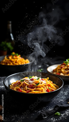 Steaming italian pasta with parmesan cheese and tomato sauce served in black bowl gourmet food photography with dramatic dark background showing hot spaghetti sprinkled with cheese