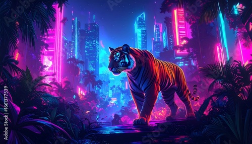 Fototapeta Naklejka Na Ścianę i Meble -  Tiger in a futuristic jungle