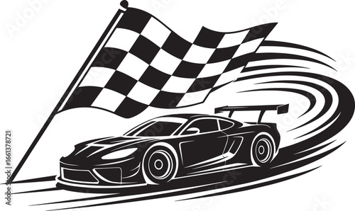 Victory Race Car Speeding Towards Checkered Flag