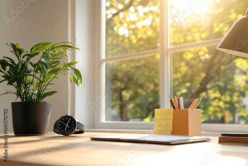 Home office workspace with natural light