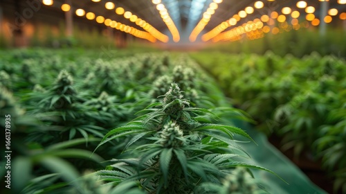Cannabis planting herb to making drug from cannabis hemp at lab farming indoor. Cannabis farm indoor. LED lighting in greenhouse. Cannabis greenhouse control environment for medical industry.