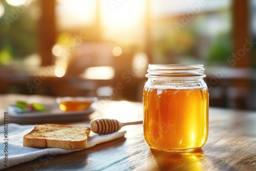 Honey jar on wooden table with toast