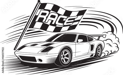 Fast Race Car Speeding Towards Checkered Flag