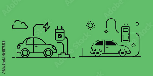 Electric Car Charging at Station with Green Energy Icons
