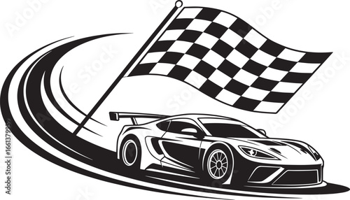 Race Car Speeding Towards Checkered Flag Victory