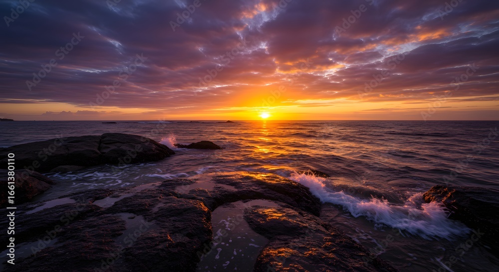 Naklejka premium Sunset over the Ocean Dramatic Sky and Waves