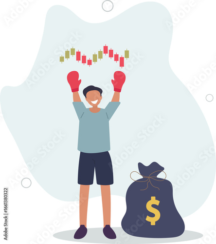 trader in boxing gloves with a bag of money.concept of stocks and cryptocurrencies.