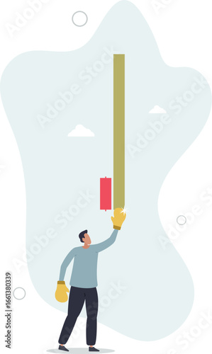Trader in golden boxing gloves makes the market grow. Concept of manipulation.
