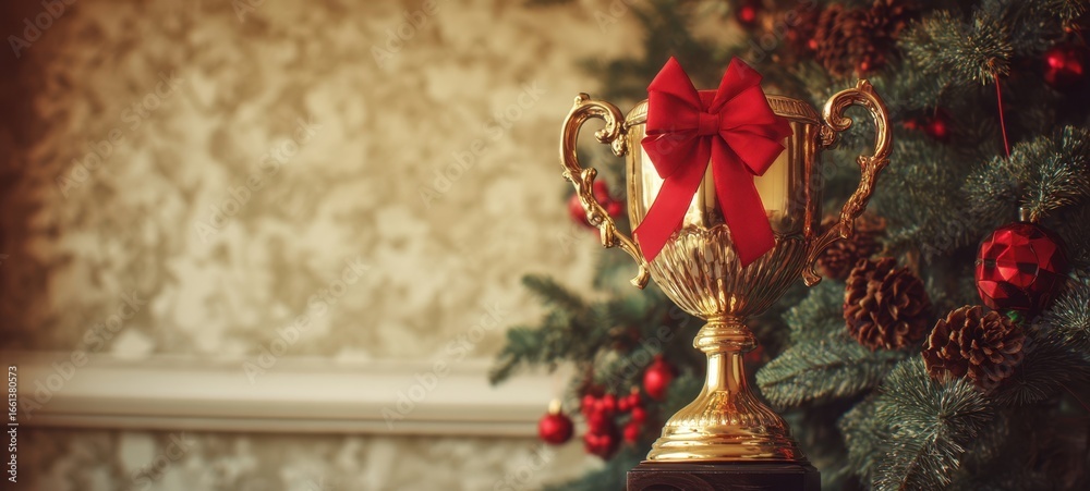 Fototapeta premium The Elegant Trophy Adorned with a Red Ribbon by a Festive Christmas Tree