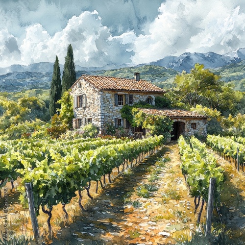 Landscape featuring a traditional stone house surrounded by a stunning vineyard, rendered in watercolor or aquarelle painting style. 3D rendering, Generative AI