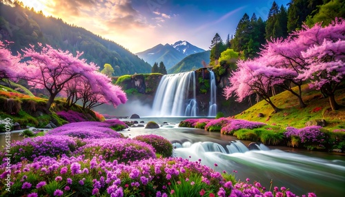 Spring waterfall, cherry blossoms, vibrant landscape
