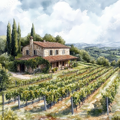 Landscape featuring a traditional stone house surrounded by a stunning vineyard, rendered in watercolor or aquarelle painting style. 3D rendering, Generative AI