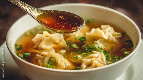 Savor rich, steaming wonton soup with delicate dumplings and fresh green onions, a comforting culinary delight.