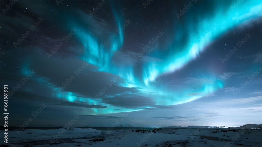 Naklejka premium Aurora Borealis Illuminating a Snowy Landscape Under a Starry Night Sky