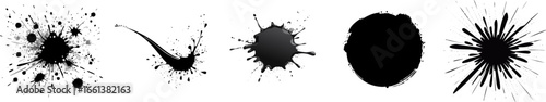 Set of diverse black ink splashes and paint splatters, from delicate splatters to bold brush strokes, on a transparent background for graphic design
