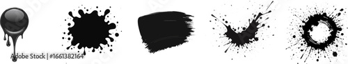 Set of bold black paint splatters and grunge brush strokes, creating a raw and expressive artistic effect on a transparent background