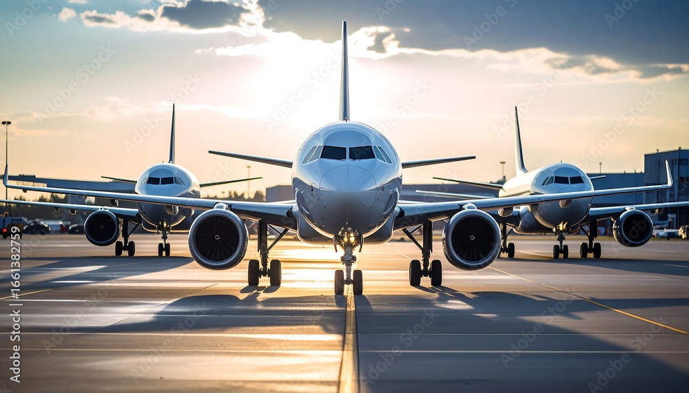 Naklejka premium Commercial airplanes aligned on the runway ready for take off under a serene sky
