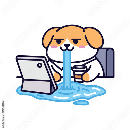 Funny office dog drooling at a desk while holding a coffee cup, long blue drool pooling in front of a tablet, kawaii flat style with rounded outlines and soft pastels on a clean white background.