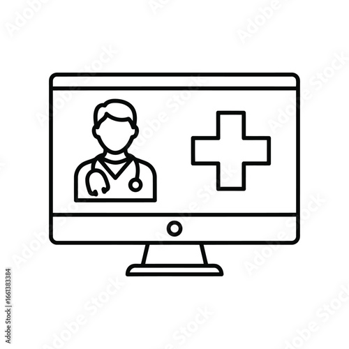 Telemedicine Consultation on Computer Line Art Vector Icon – Online Doctor and Healthcare Symbol