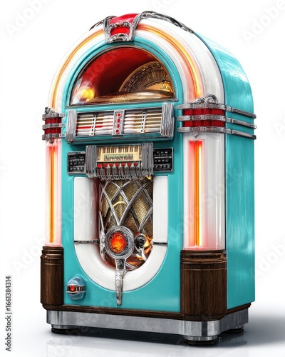 Retro turquoise jukebox with warm lighting and chrome accents