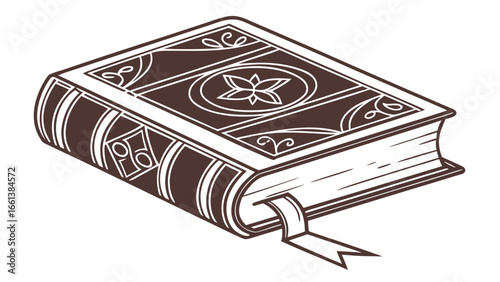 Illustration of a brown hardcover book with white decorative elements and a ribbon bookmark visible created with generated ai