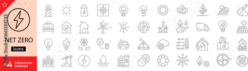 Net Zero icon collection. Includes icons for carbon, sustainable energy, climate action, green technology, recycling, and eco-friendly solutions. Editable stroke. Line icons. Perfect for infographics.