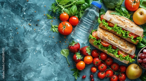 Top view lunch box with sandwiches, fruits and vegetables, water bottle on pastel blue isolated background, with copy-space available for text or promotional content