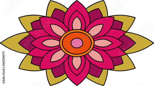 Colorful floral design with multiple layers of petals in shades of pink, purple, and yellow gold artfully arranged created with generated ai