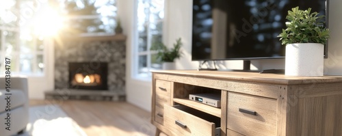 Light wood entertainment center living room