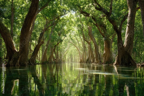 Lush forest canopy reflected in calm water