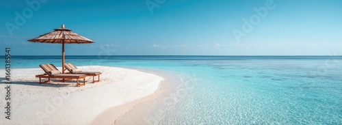 Tranquil beach scene with wooden sun loungers and a straw umbrella