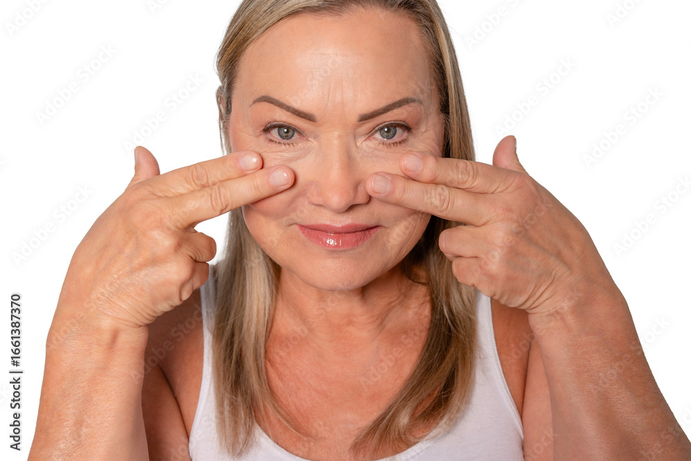 Fototapeta premium Woman demonstrates facial exercises for skin rejuvenation in a bright studio setting during daytime