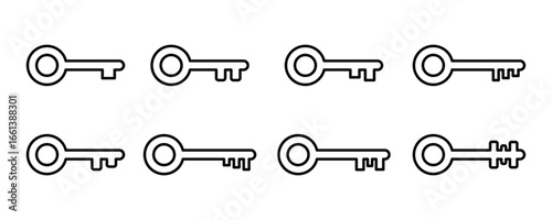 Key icon set. Key vector icon in outline. Door or house key to unlock lock collection. Security system concept represented vector illustration.