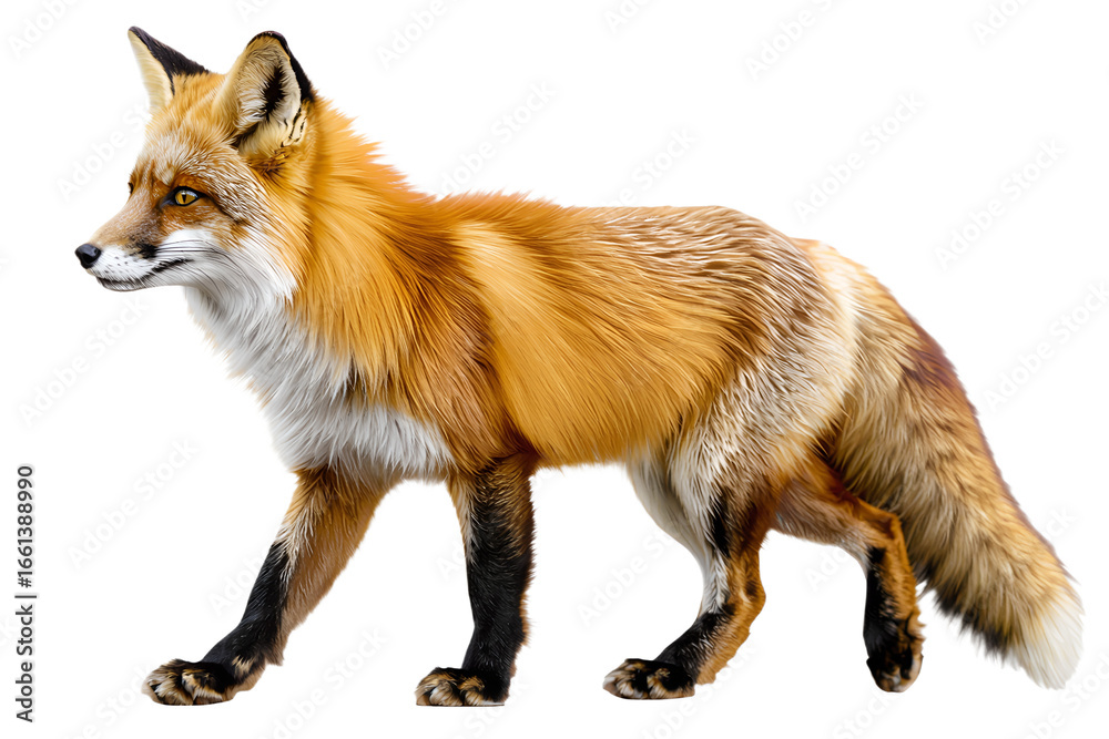 Fototapeta premium Furry red fox walking in profile side view, isolated PNG with transparent background. Realistic wildlife animal cutout, perfect for nature designs