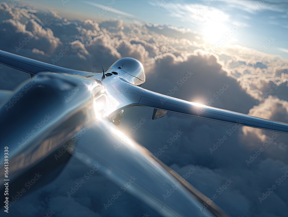 Fototapeta premium High-angle view of futuristic aircraft in clouds