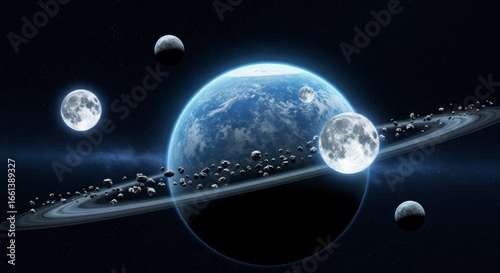 A vast expanse of space showcases a planet with a luminous ring system, multiple celestial bodies, and a dark, star-filled background.