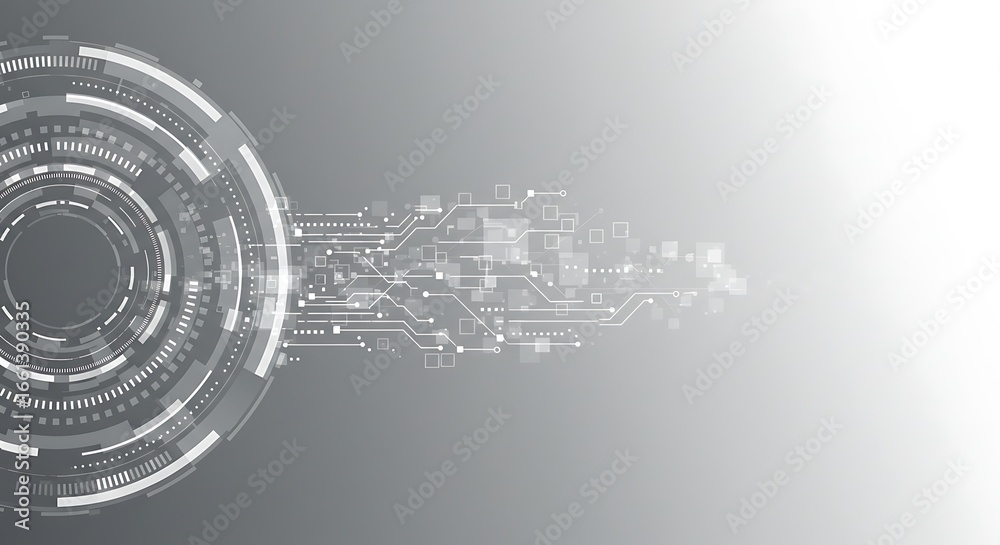 Obraz premium Abstract digital circuit design with circular and linear technological elements, a futuristic concept.